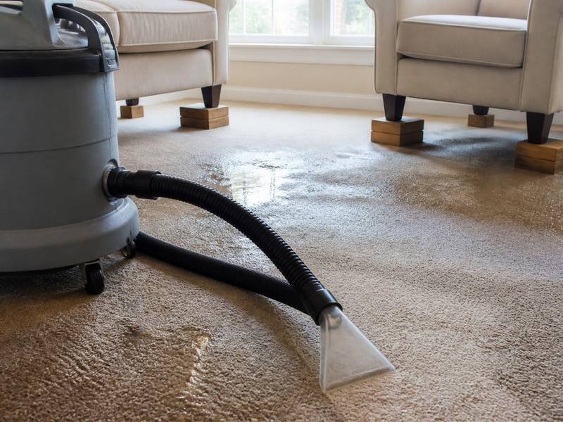 Water extraction equipment removing water from wet carpet after an indoor water loss