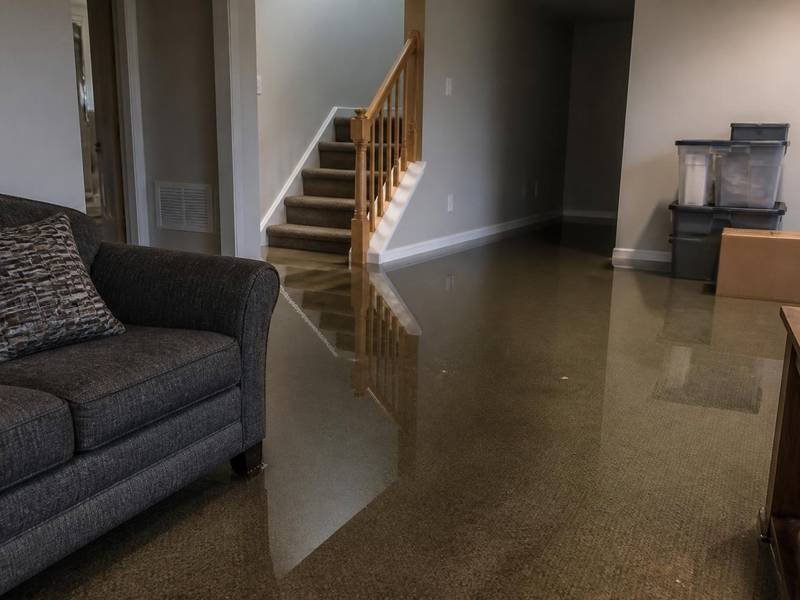 Standing water affecting a finished basement during water damage cleanup