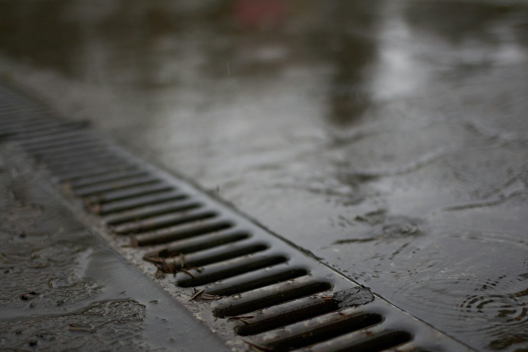 Wet floor drain illustrating a drain or sewer backup cleanup situation